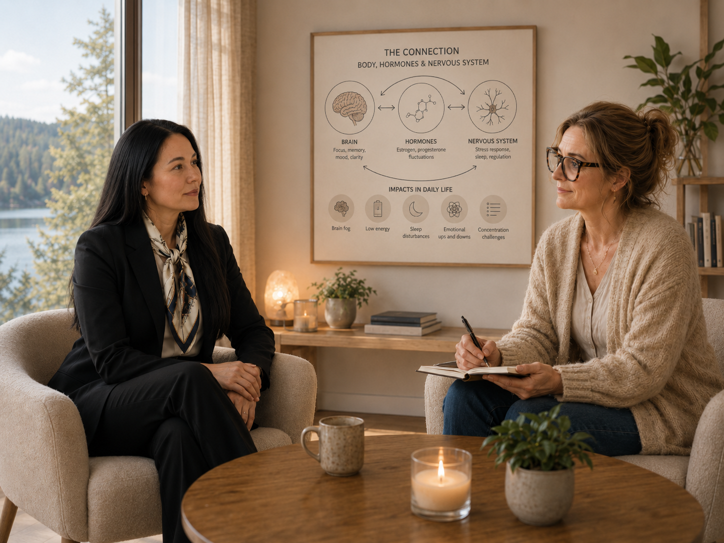 A therapist wearing large glasses speaks with a professional female client in a black suit and silk scarf in a warm, calming therapy room. A poster about the connection between the brain, hormones, and the nervous system hangs on the wall behind them.