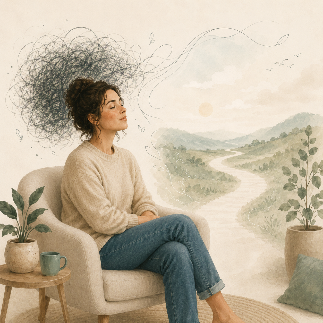 Illustration of a calm woman sitting in an armchair as tangled thoughts behind her open into a peaceful path through a soft landscape.