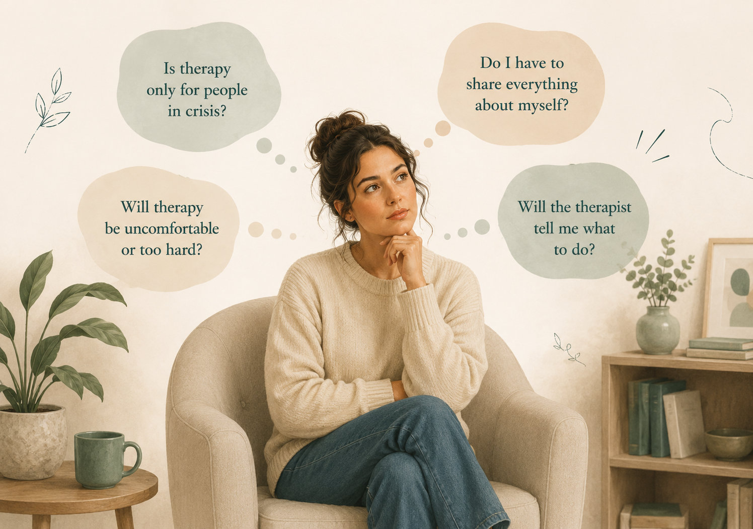 Illustration of a thoughtful woman sitting in an armchair, surrounded by common questions about therapy and counselling.