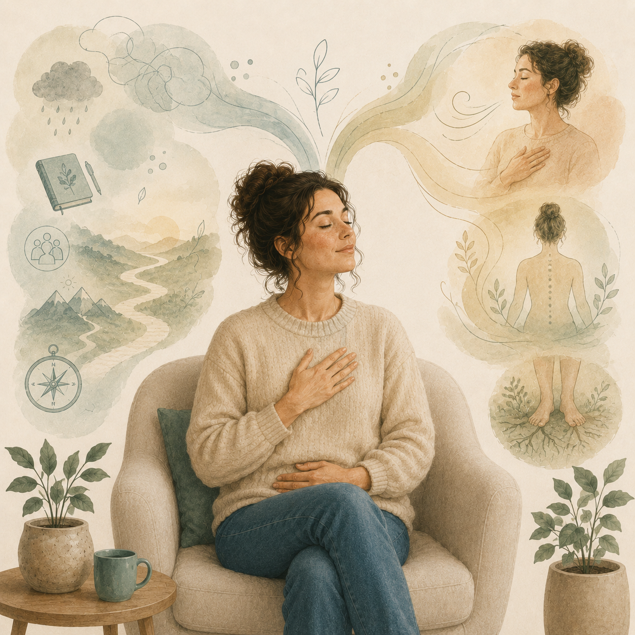 Illustration of a woman sitting calmly with one hand on her chest and one on her abdomen, surrounded by symbolic elements of thoughts, direction, breathing, and bodily grounding.