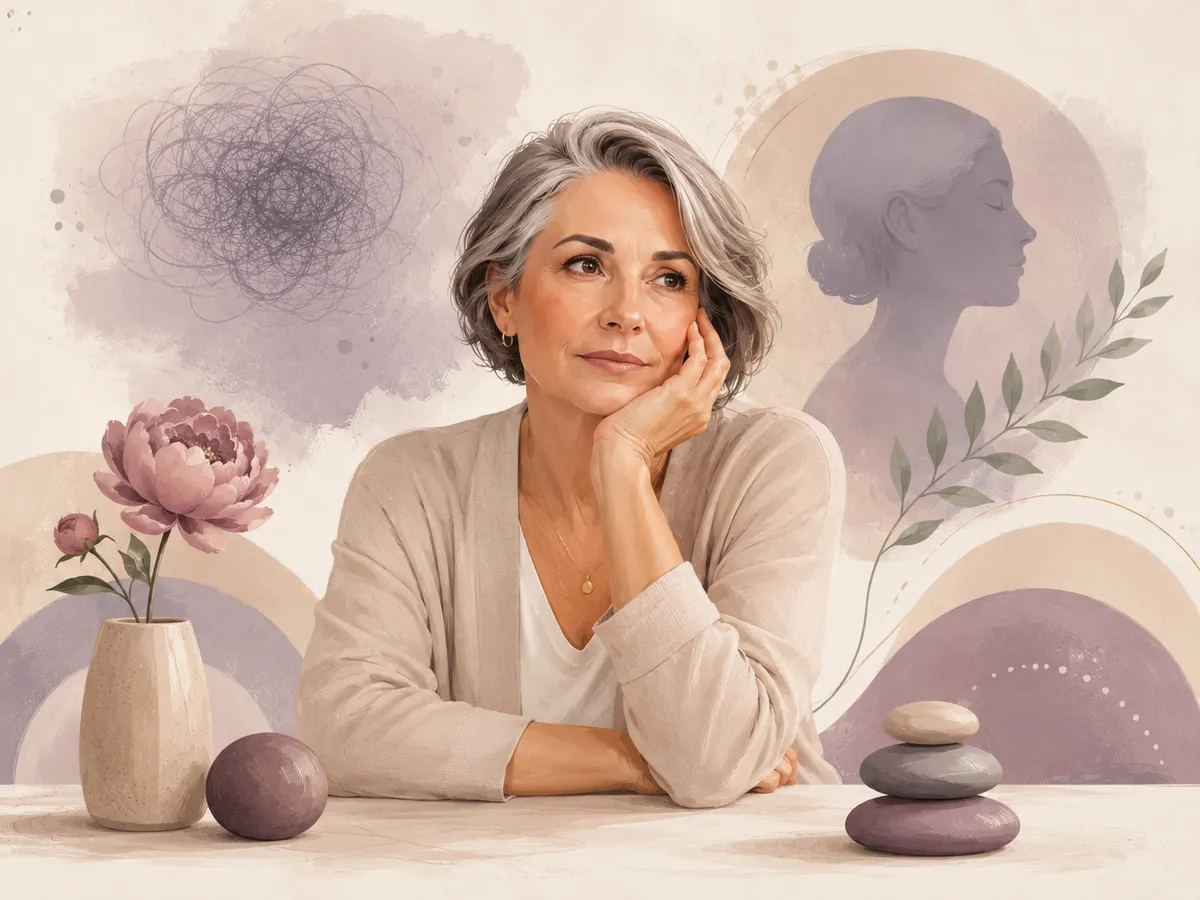 Illustration of a thoughtful woman in midlife with soft abstract shapes, botanical elements, stacked stones and a blurred figure in the background, representing menopause, stress, brain fog and the need for recovery.
